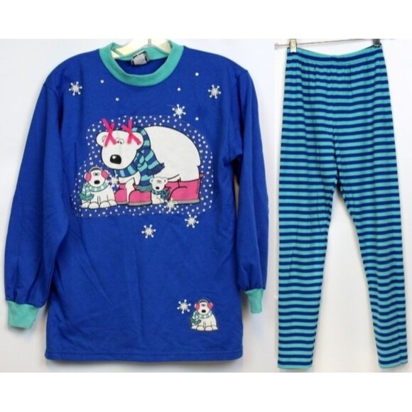 Vtg Zoodles 2pc Sweatshirt Leggings Polar Bear Snowflakes Stripes sz 14 Winter - Picture 1 of 13